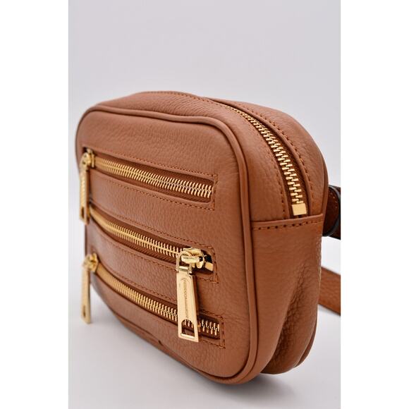 Rebecca Minkoff Belt Bag Desert Tan Pebbled Leather Three Zipper Gold Tone - Picture 2 of 12